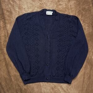 Tejidos Brenda Vintage Crochet Knit Cardigan Sweater Navy Button Up Long Sleeve